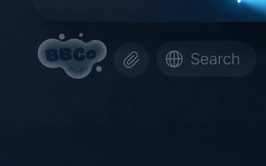 Dark search bar with the BBCo mark and a glowing Search chip