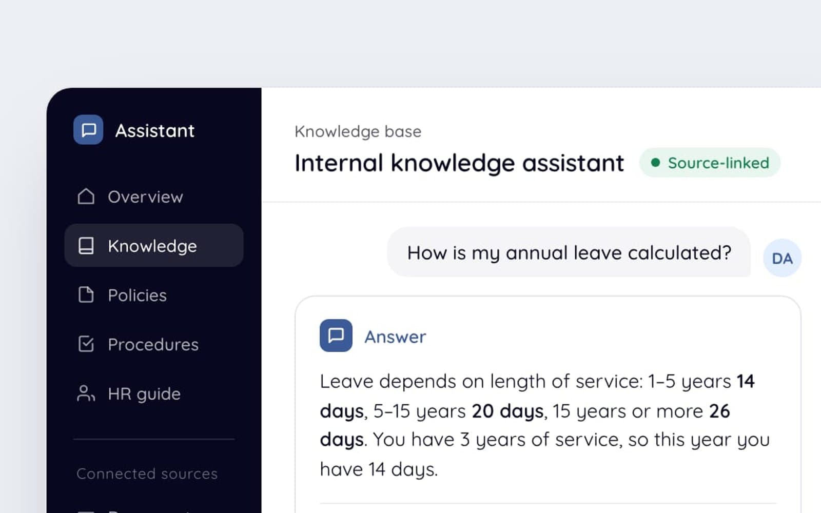 Internal knowledge assistant interface: a staff question and an answer with sources