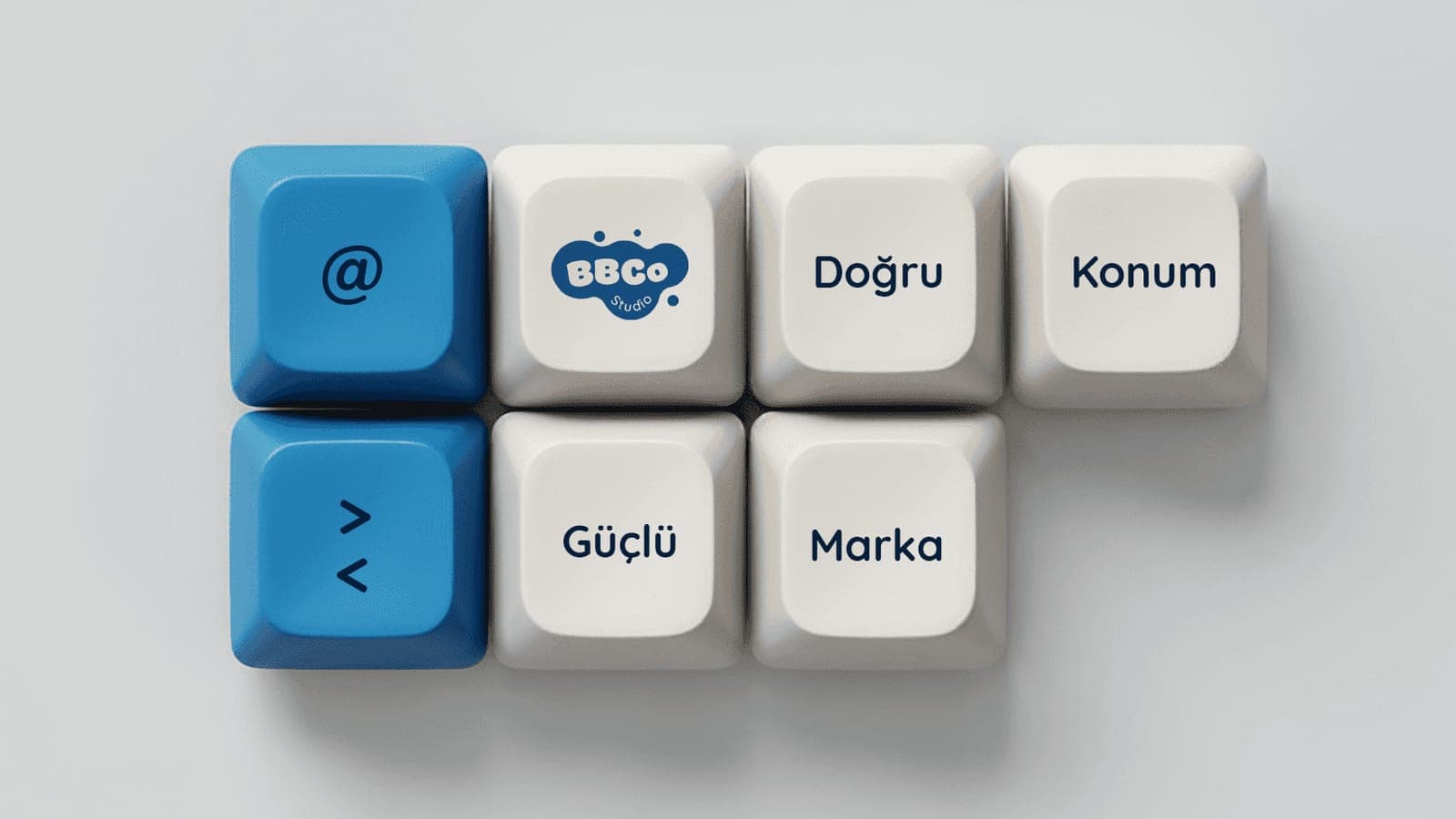 BBCo Studio logosu ve “Doğru Konum Güçlü Marka” yazan klavye tuşları