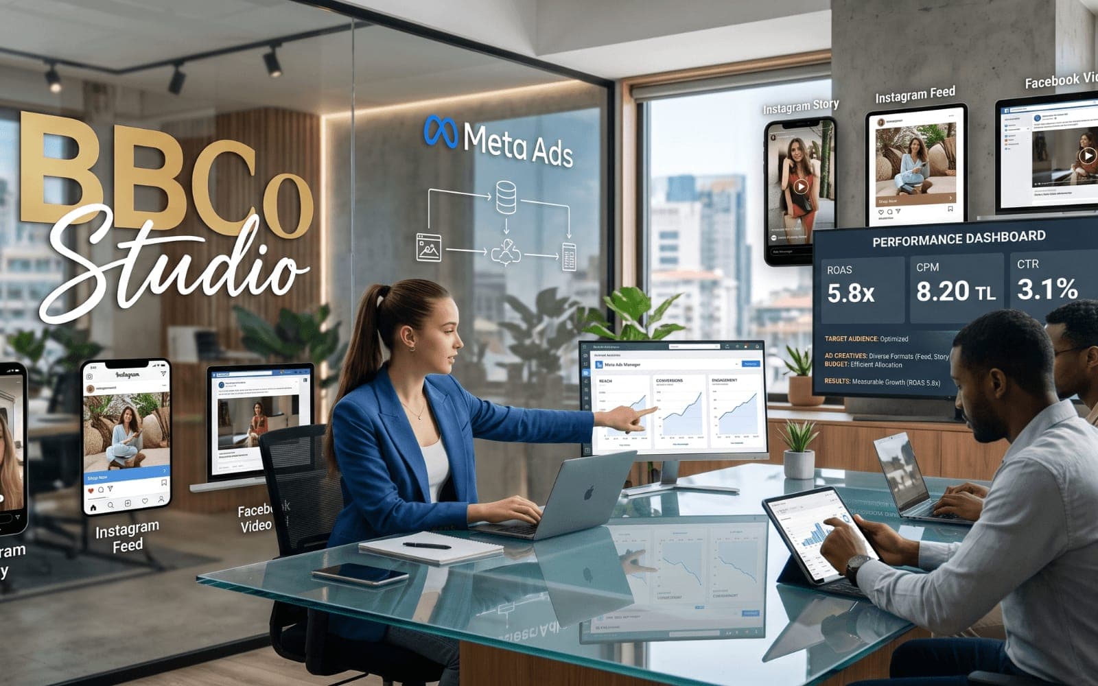 BBCo Studio ofisinde Meta Ads performans panelini inceleyen ekip