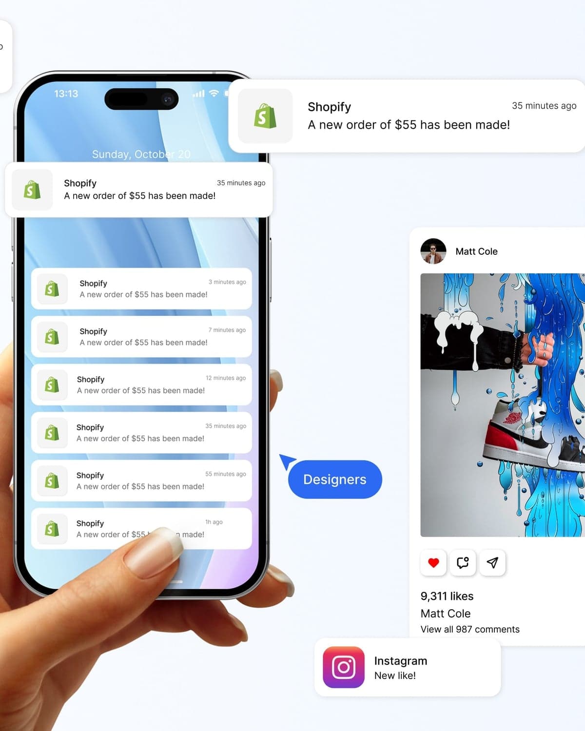 Elde tutulan telefonda art arda Shopify sipariş bildirimleri; çevresinde tasarım paneli ve sosyal medya kartları