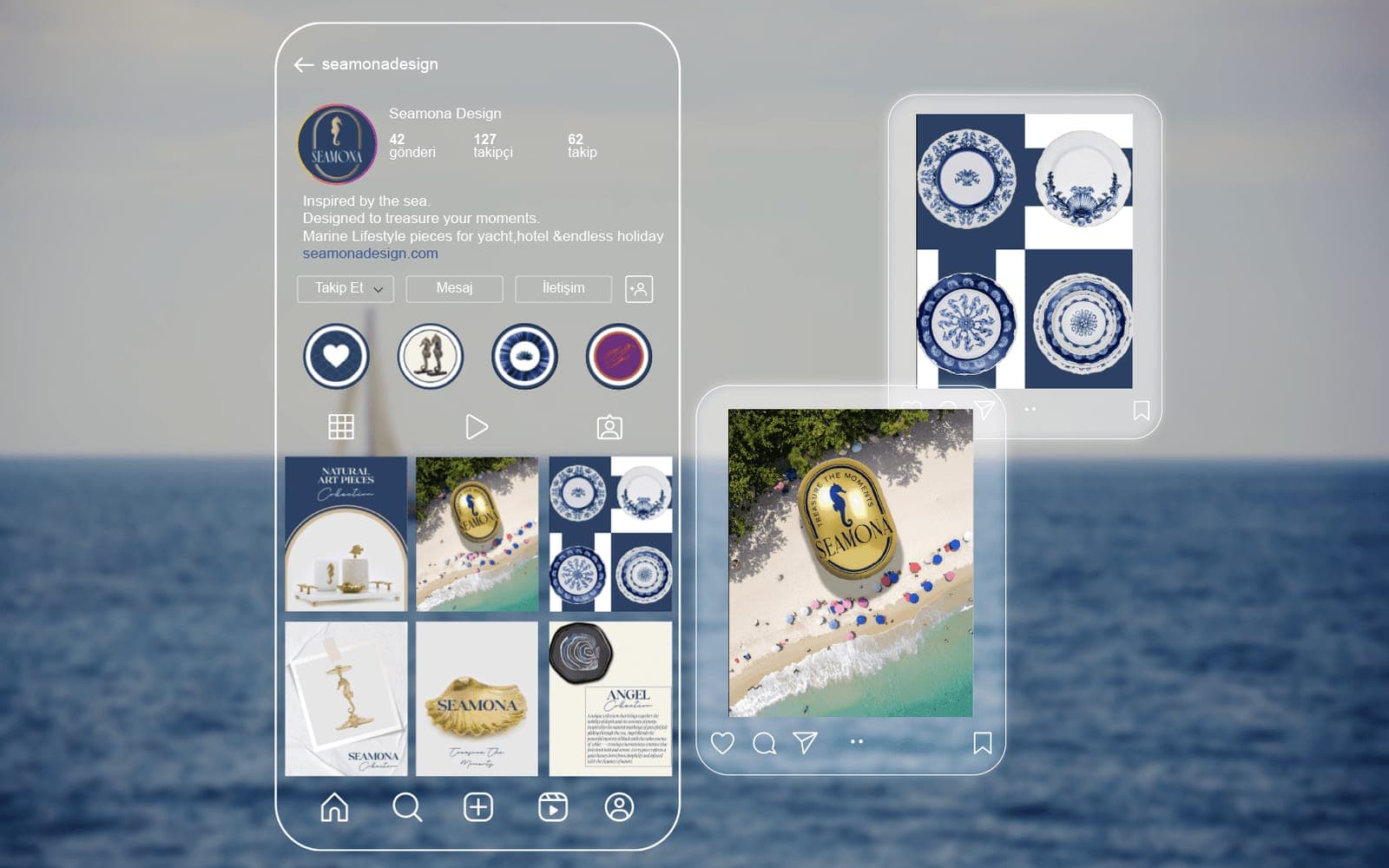 Seamona Design markasının Instagram profili ve gönderi görselleri