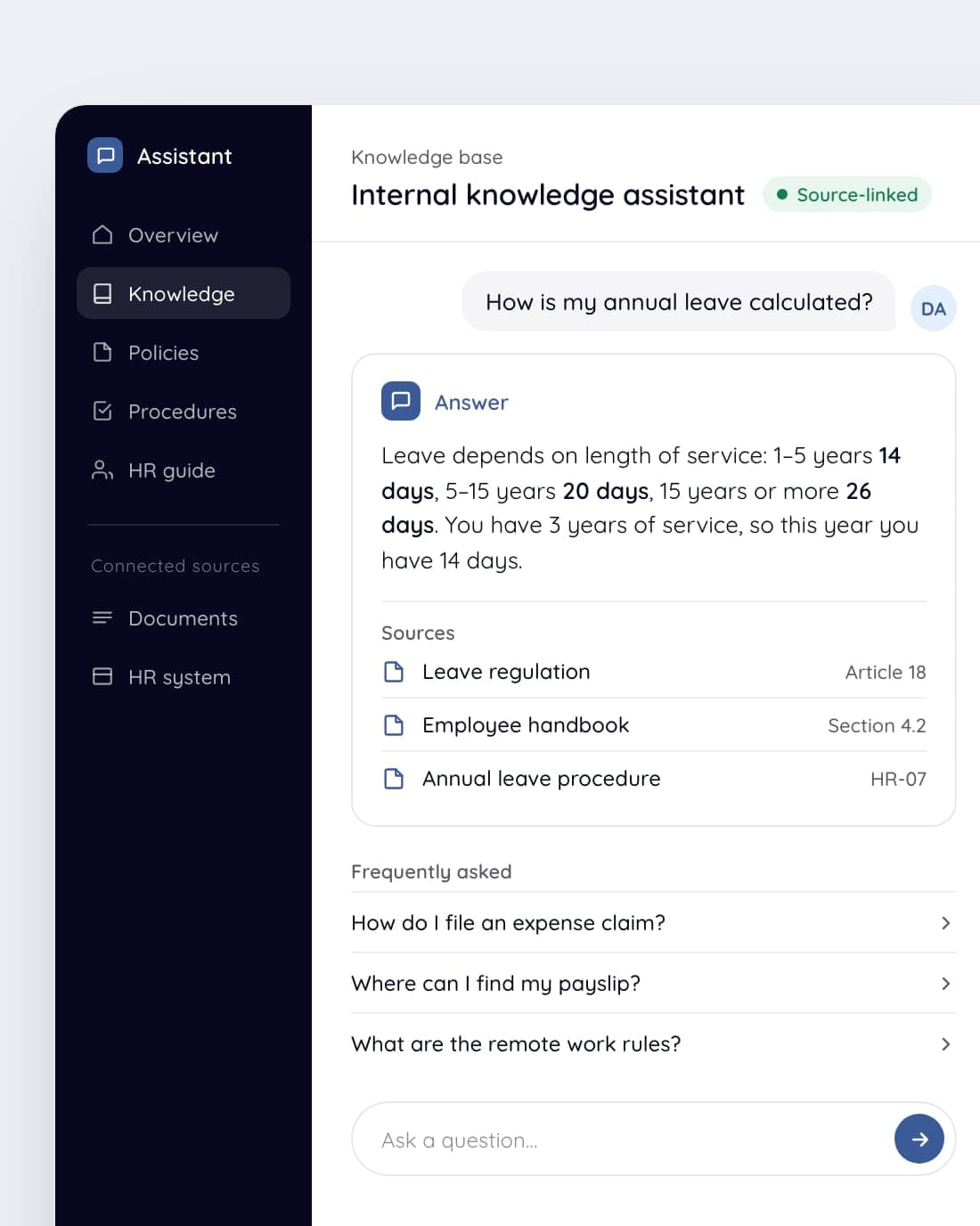 Example interface: an internal knowledge assistant answers a staff question with its sources.
