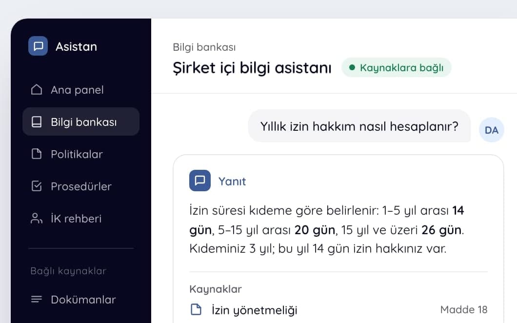 Şirket içi bilgi asistanı arayüzü: çalışanın sorusu ve kaynak gösteren yanıt