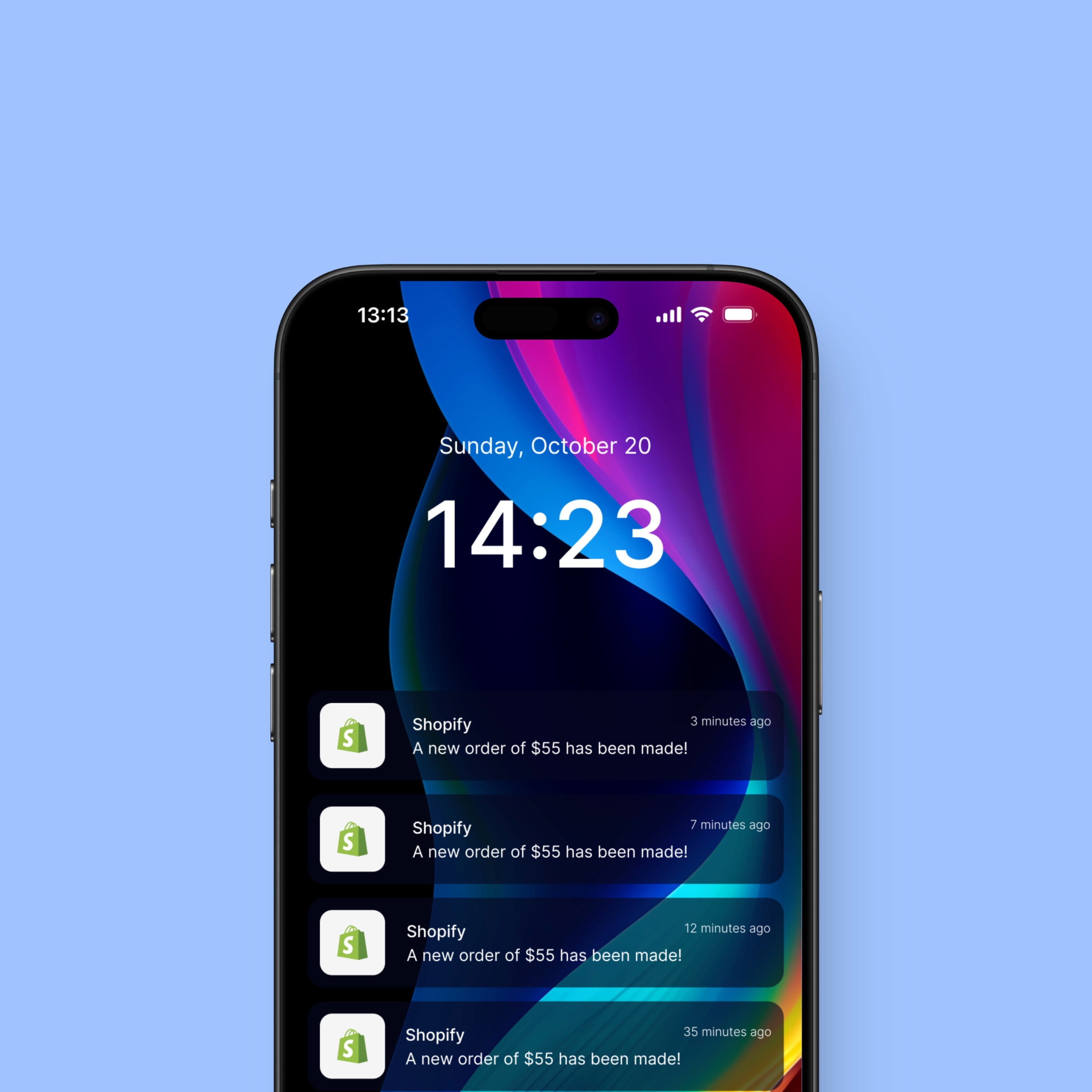 Kilit ekranında art arda gelen Shopify sipariş bildirimlerini gösteren telefon